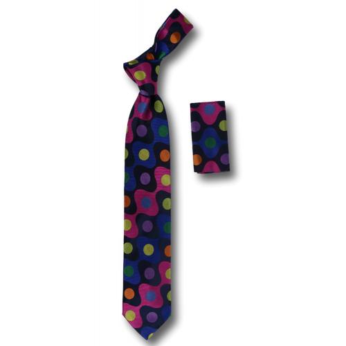 Steven Land "Big Knot" BW623 Navy / Black / Fucsia Multicolor Polka Dot Design 100% Woven Silk Necktie / Hanky Set